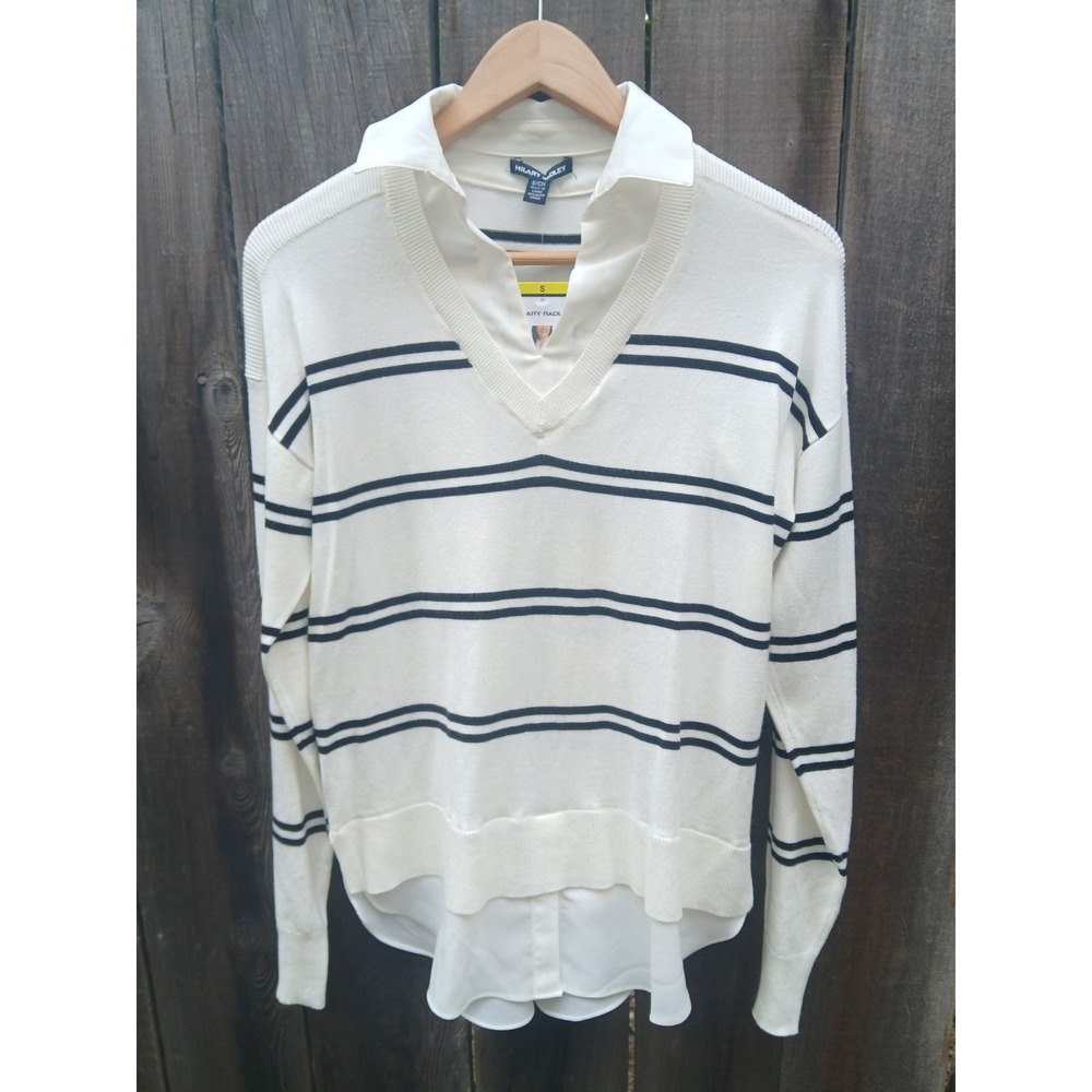 Womens Hilary Radley Two-Fer Layered Sweater Black Cream Stripe Collar Shirt S